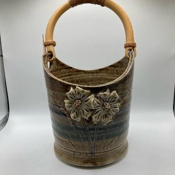 Vintage Teal/Tan/Blue Pottery Flower Pot with Bamboo Handle - Picture 3 of 10